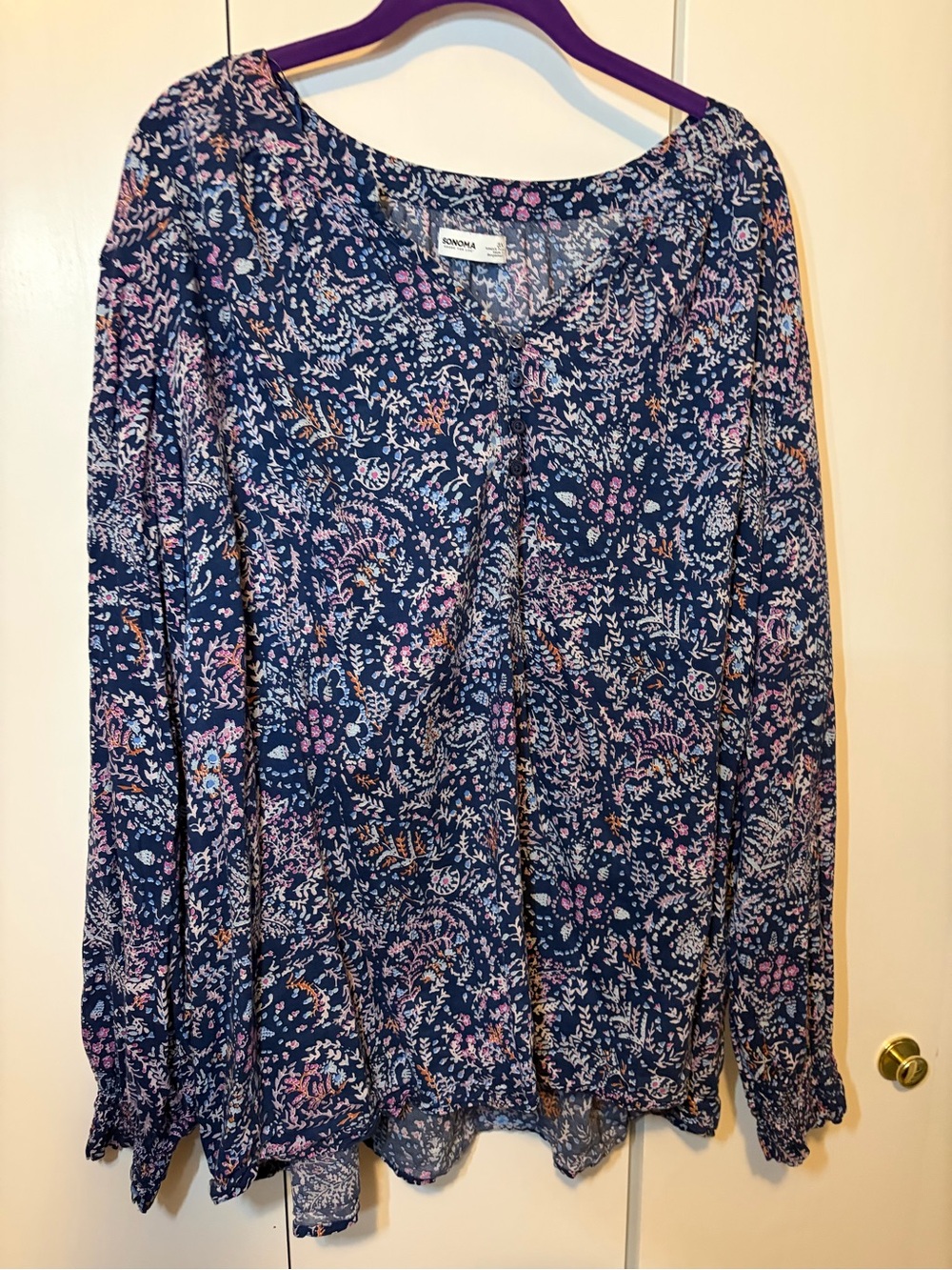 Sonoma Navy Floral Scoop-Neck Long Sleeve Top
